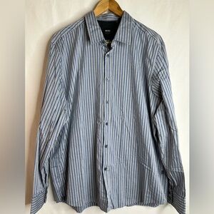 Hugo Boss Men's Casual Blue and Gray Striped Cotton Shirt Size 2XL